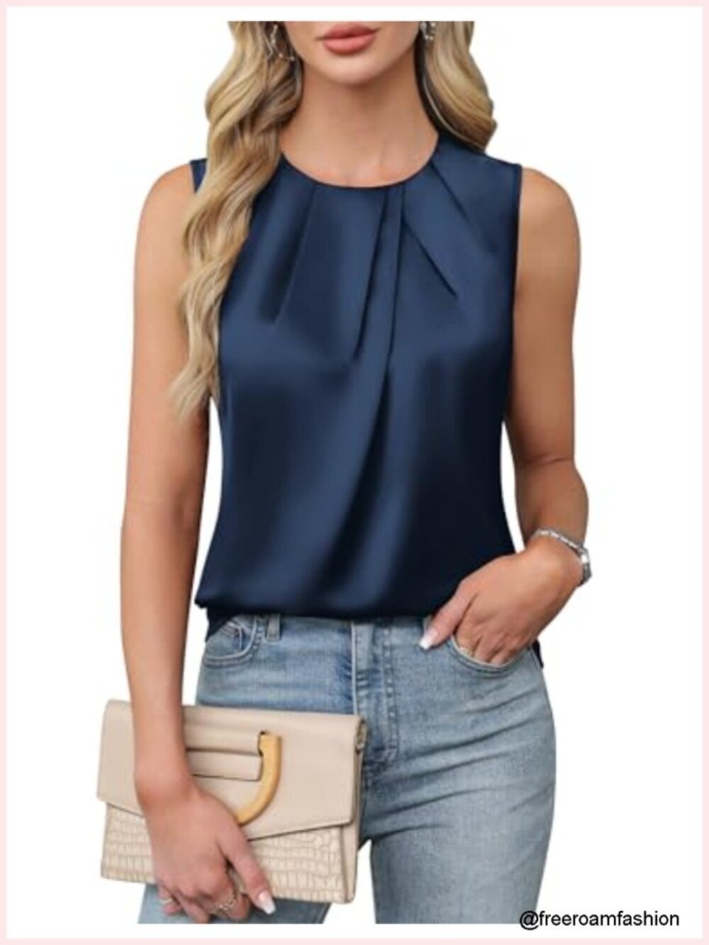 Satin Tank Top Business Casual Work Blouse with Pleated Chest